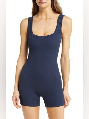 Skims Cotton Rib Onesie Romper in Navy - XS